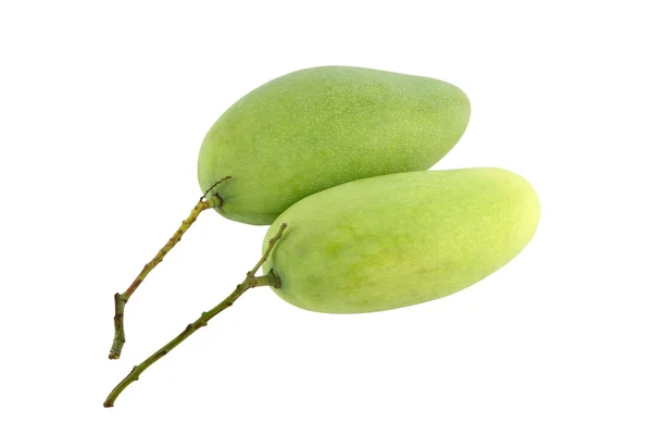 Två gröna mango på vit bakgrund. — Stockfoto