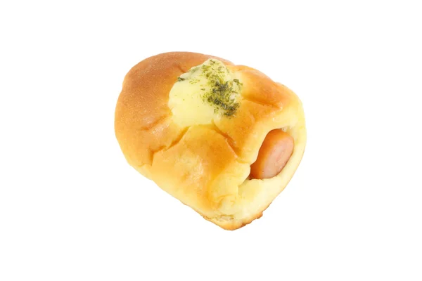Wurst in Brot und Käse auf weißem Hintergrund. — Stockfoto