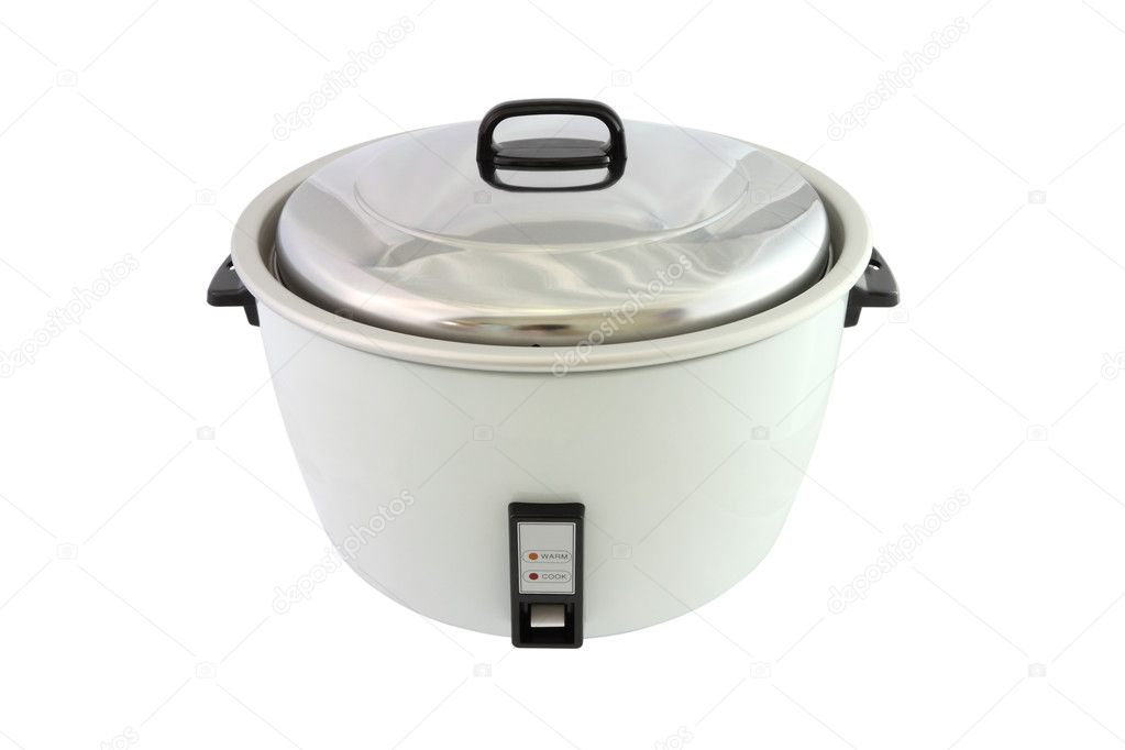 Electric rice cooker on white background.