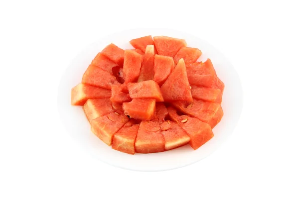 Prato de melancia vermelha no fundo branco — Fotografia de Stock