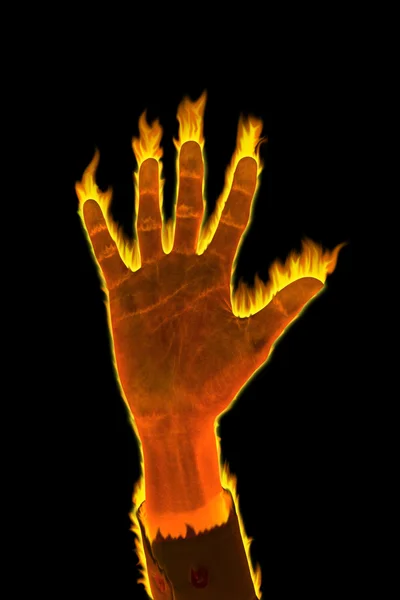 Hand van brand business man gloed in het donker. — Stockfoto