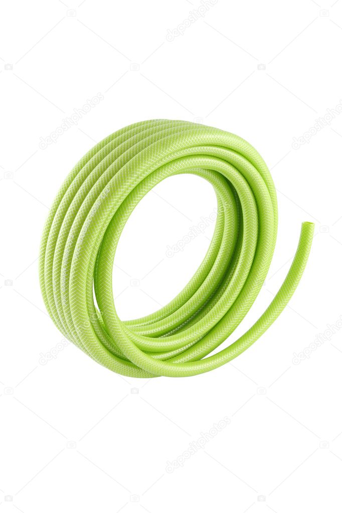 Vertical roll of green pvc garden hose on white background.