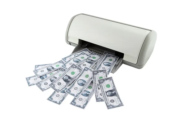 Środki pieniężne z drukarki na białym tle. — Zdjęcie stockowe
