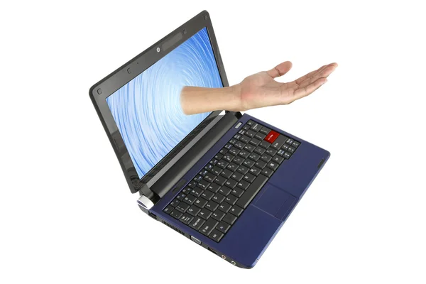 Solicitați ajutor de la notebook-ul computerului pe fundal alb . — Fotografie, imagine de stoc