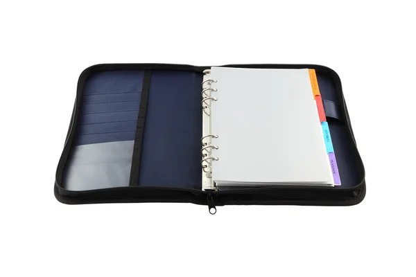 Copertina in tessuto blu aperto notebook su sfondo bianco . — Foto Stock