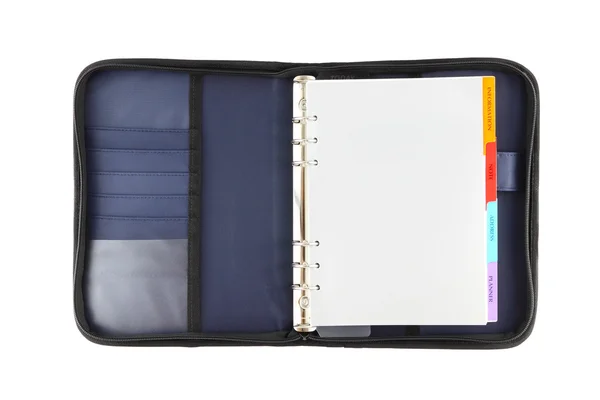Közvetlen kék szövet fedelet nyitott notebook fehér háttér. — Stock Fotó