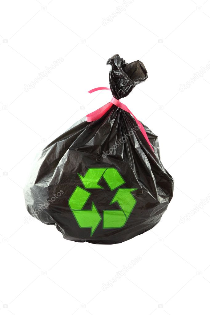black plastic garbage bag and recycle sign on white background.