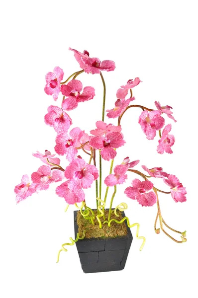 Künstliche Blumenarrangements (rosa Vanda im Holztopf) — Stockfoto