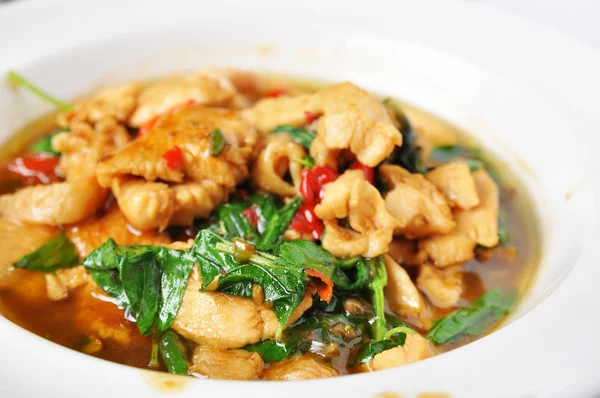 Roer Gebakken kip met basilicum (Thais gekruid voedsel) — Stockfoto
