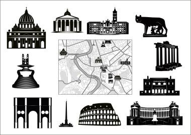 Rome. Black-and-white map and hallmarks clipart