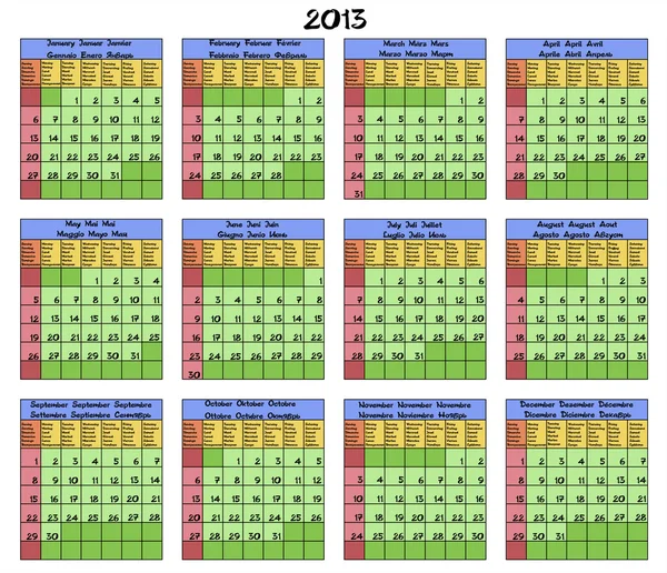Kalendář 2013. šesti jazyky. — Stockový vektor