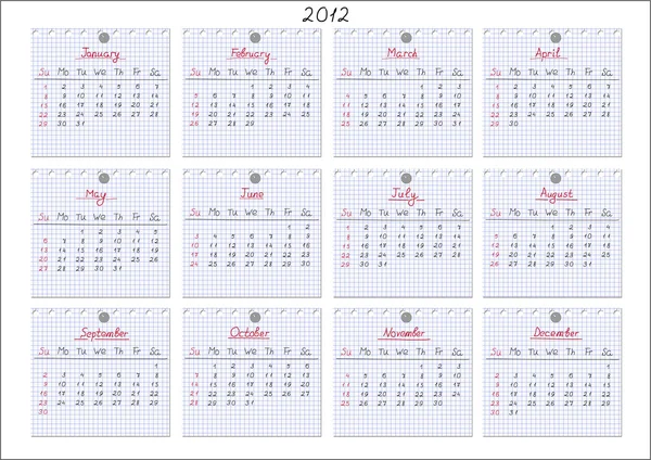 Kalender 2012. anteckningar ark — Stock vektor