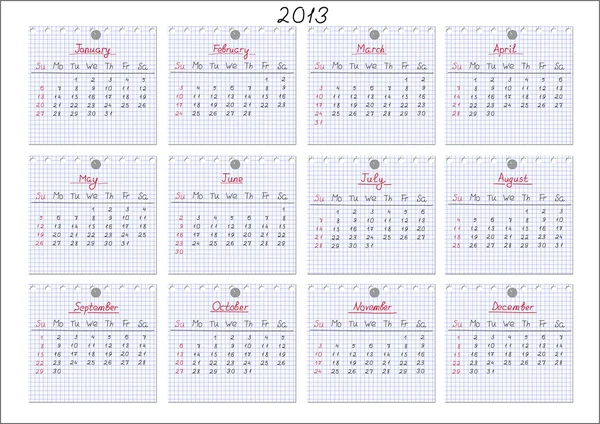 Kalender 2013. anteckningar ark — Stock vektor