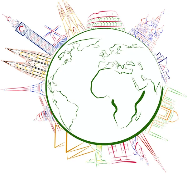 Globe mondial avec des caractéristiques de certains pays autour de lui — Image vectorielle