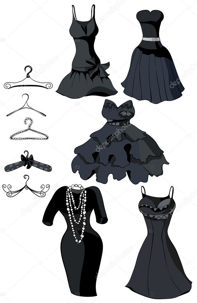 Set of little black dresses and coat racks