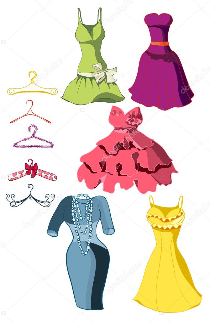 Set of bright dresses and coat racks