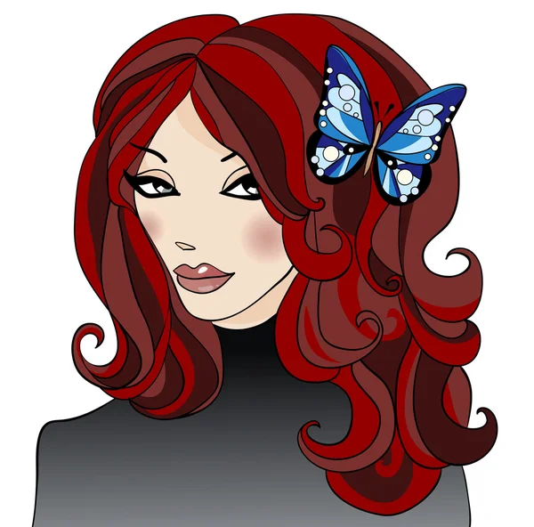 彼女の髪に蝶を持つ少女 — ストックベクタ