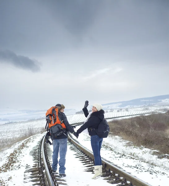 Tourists on railroad — Stock Photo, Image