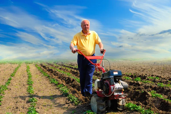 Человек работает в поле с помощью мотокультиватора — стоковое фото