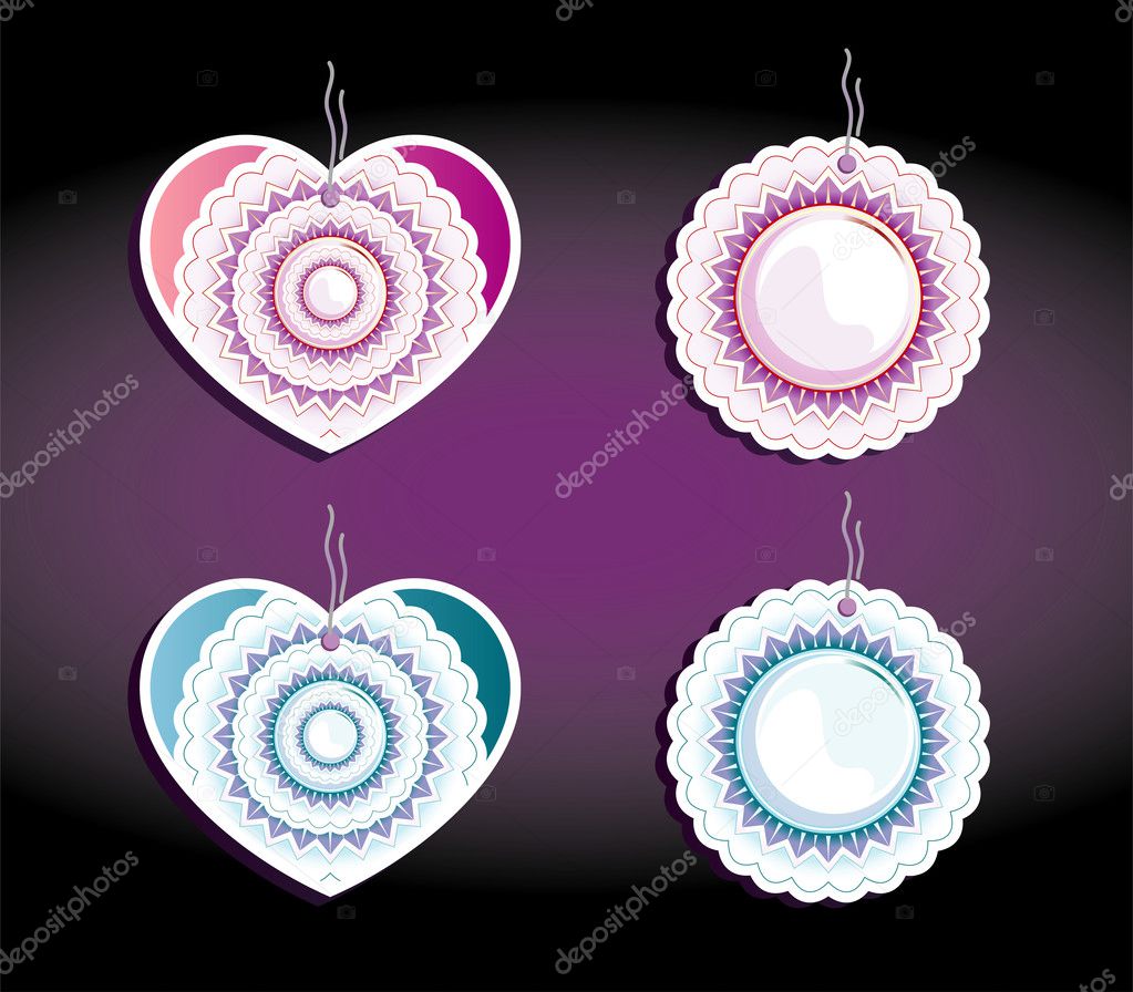 Set of color labels, on a dark background. Hearts and flowers th