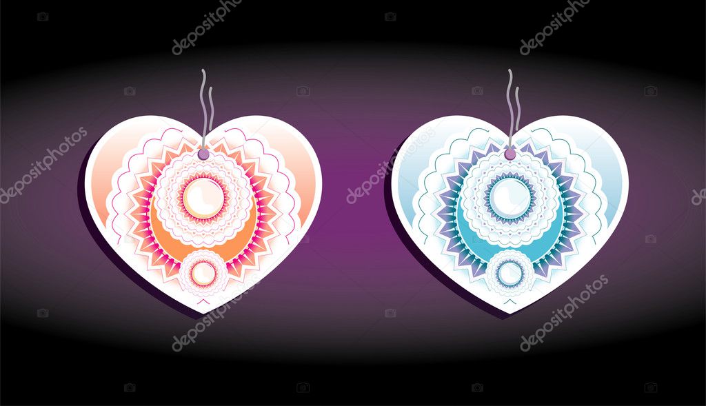 Set of color labels, on a dark background. Hearts and flowers th