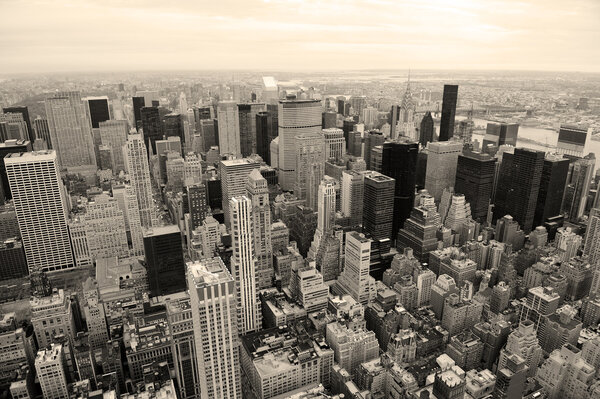 Manhattan skyline with New York City skyscrapers aerial view in black and white