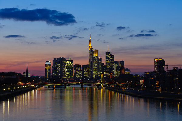 The night view of the skyline of Frankfurt am Main from the Deutschherrn bridge.
