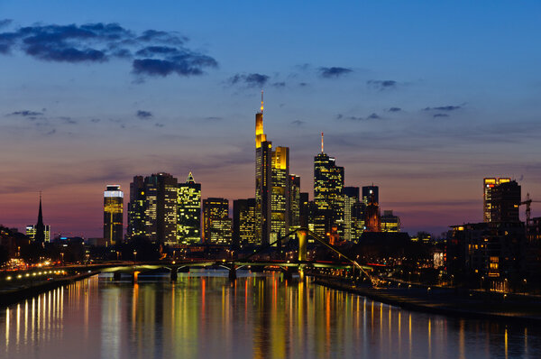 The night view of the skyline of Frankfurt am Main from the Deutschherrn bridge.