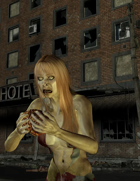 Zombie woman in front of an old hotel — Stock Photo, Image