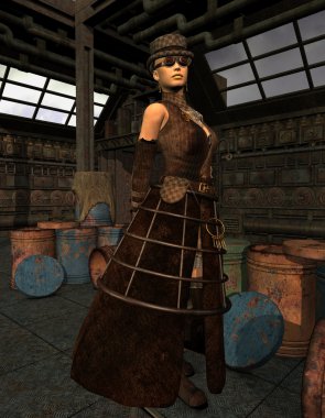 Steampunk Lady in an old warehouse clipart