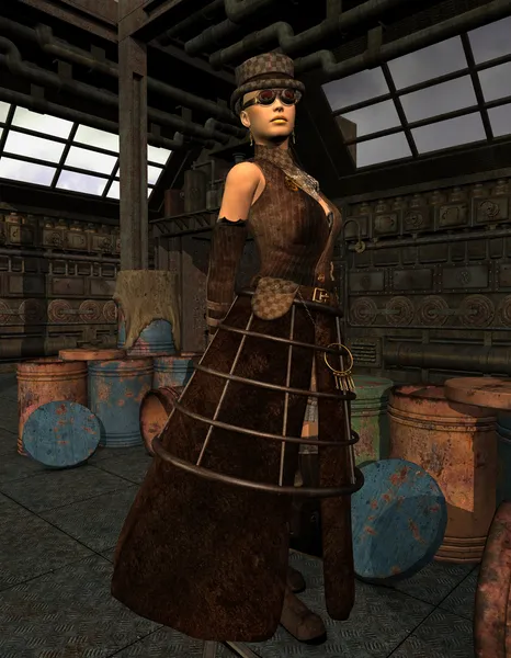 Steampunk κυρία σε μια παλιά αποθήκη — Φωτογραφία Αρχείου