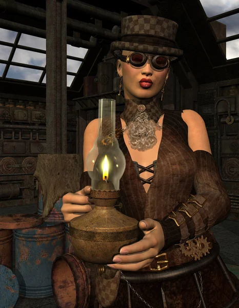 Vrouw in steampunk look met lamp — Stockfoto