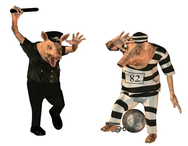 Cop en gevangene als varkens komische — Stockfoto