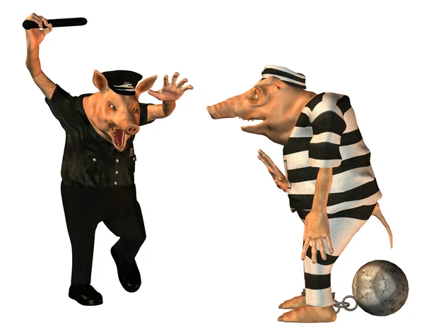 Poliziotto arrabbiato con un maiale cartone animato prigioniero — Foto Stock