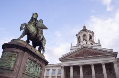 Brussels medieval crusader statue and church clipart