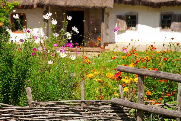 stock image Beautiful village landscape with wooden house