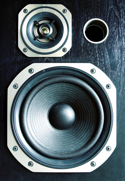 Closeup of two stereo speakers