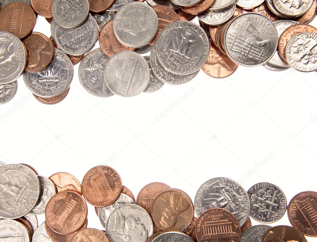 Assorted American coins on plain background
