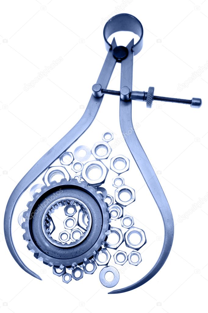 Calipers, nuts and cogwheel on plain background