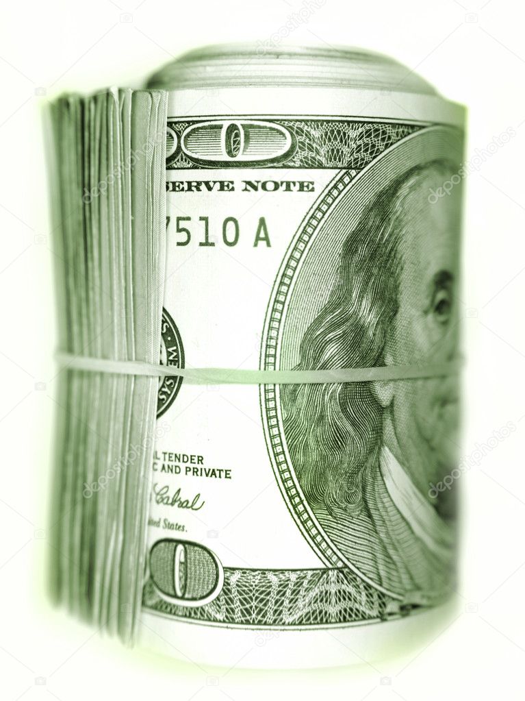 Roll of cash on plain background