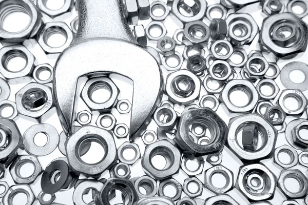 Closeup of wrench and nuts — Stock Photo, Image