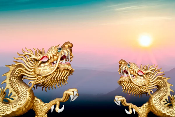 Золотой дракон-близнец на рассвете — стоковое фото