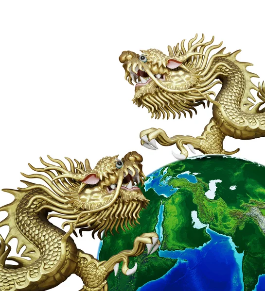 Duo Golden Chinese Dragon com global — Fotografia de Stock