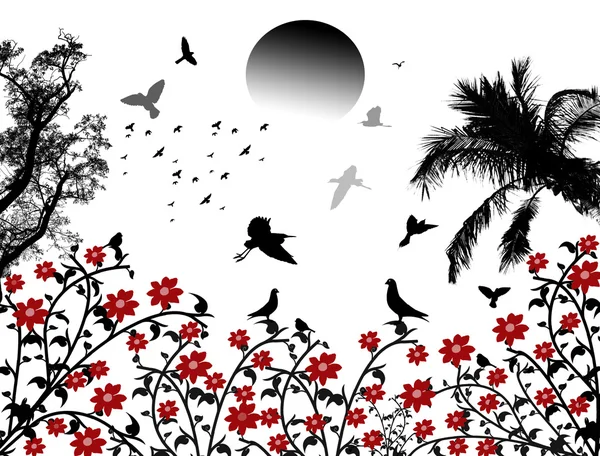 Pájaros volando sobre flores rojas — Vector de stock