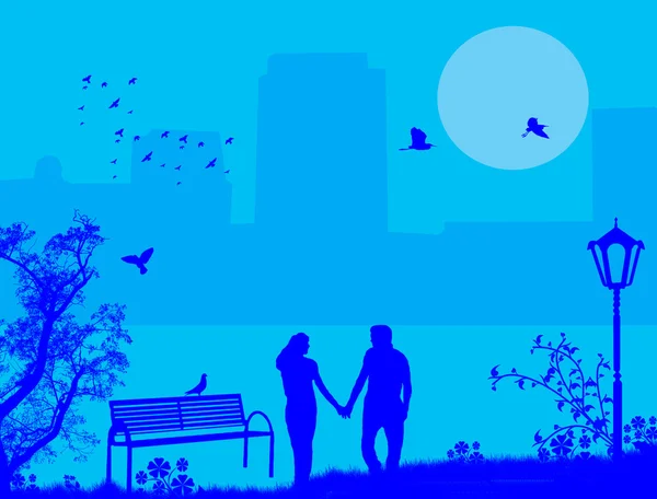 Paar in een stadspark op blauw — Stockvector