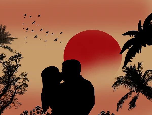 Para całująca się o zachodzie słońca — Wektor stockowy