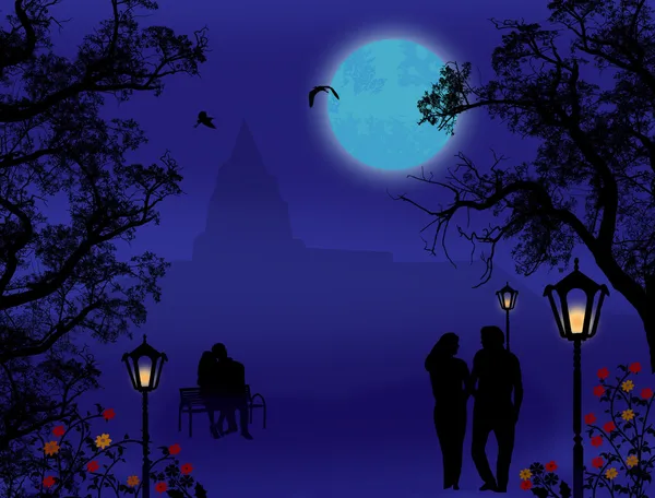 Silhouettes d'amoureux sur le parc de la ville — Image vectorielle