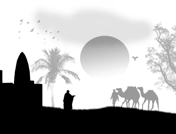 Pôr-do-sol árabe em preto e branco — Vetor de Stock