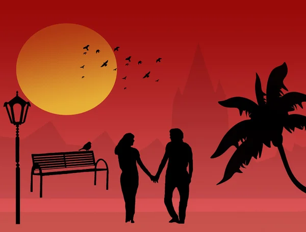 熱帯の夕暮れ時のカップル — ストックベクタ