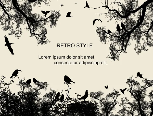 Ptáky a stromy na retro styl pozadí — Stockový vektor